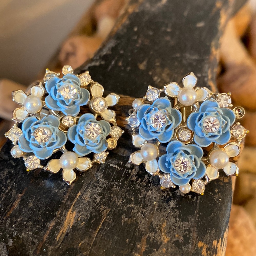 Vintage clip on earrings with blue flowers and crystals and faux pearls
